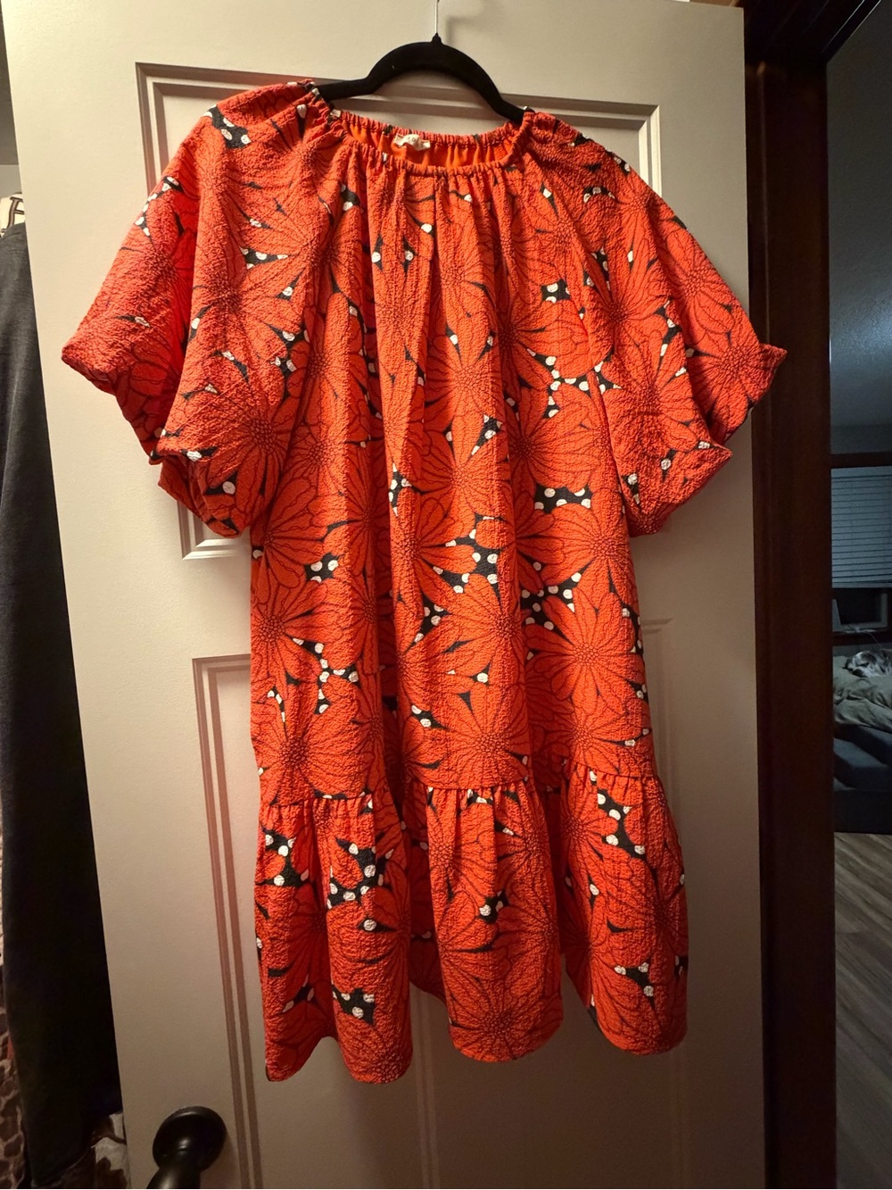 Women's Orange Floral Puff-Sleeve Dress